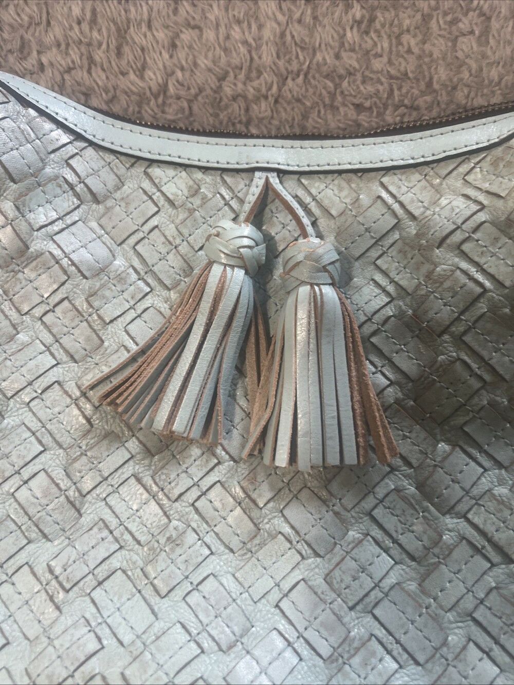 Patricia Nash Maissana Leather Hobo tassel bag Embossed Blue Boho Cottage Core - Picture 4 of 14